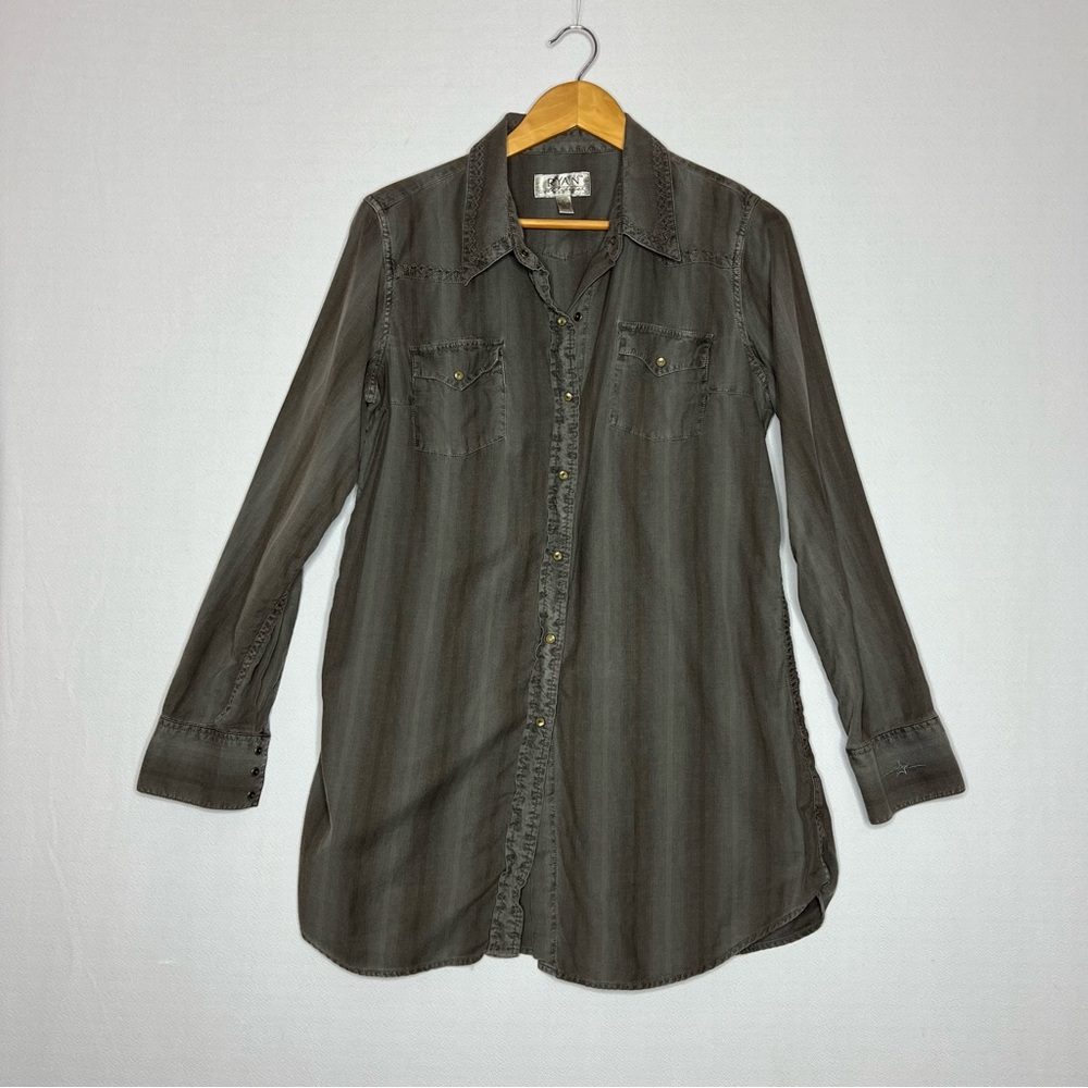 Ryan Michael Gray Pearl Snap Western Gray Long Sleeve Tunic Shirt Women’s Size L